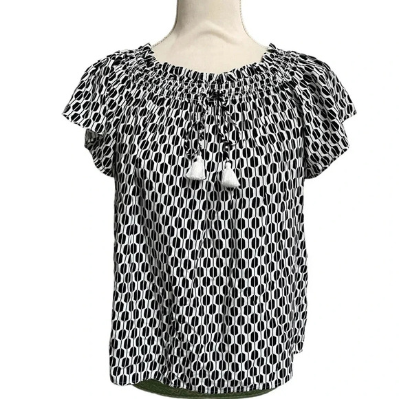 Kate Spade Off Shoulder Tassel Top Black White Abstract Print XXS Rayon - Picture 4 of 16